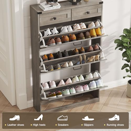 Halitaa Shoe Cabinet with 3 Flip Drawers & 2 Drawers,Freestanding Shoe Storage Cabinet for Entryway,Farmhouse Narrow Slim Organizer Rack for Foyer,Hallway,Grey - color: Grey, style: 3-Drawers