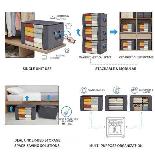 90L Grey Storage Bags with Lids, Zipper & Clear Window, 3-Pack Foldable Large Closet Organizers for Clothes, Comforters, Under Bed - size: 3 x 90L