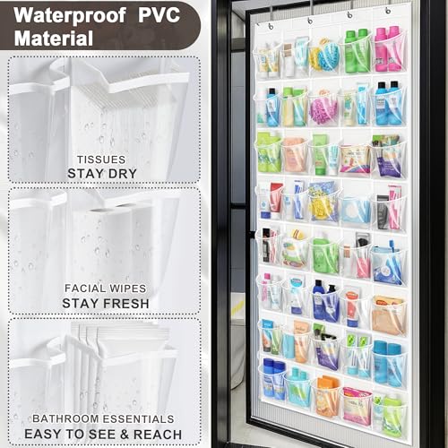 Over the Door Shoe Organizer with 40 Clear PVC Pockets – Waterproof Hanging Shoe Holder for Closet & Bathroom – Space-Saving Door Shoe Rack for Shoes, Toys, Toiletries & Snacks (White) - color: White