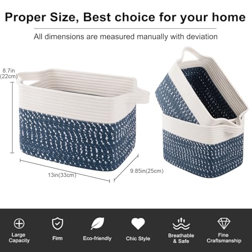 OIAHOMY Storage Basket, Woven Baskets for Storage, Cotton Rope Basket for toys,Towel Baskets for Bathroom - Pack of 3,White Blue - color: White Blue, size: 3 pcs-13”x9.9”x8.7”
