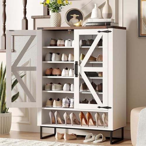 Maupvit 42.1" Farmhouse Shoe Cabinet with Ventilated Mesh Doors, 6-Tier Shoe Storage Cabinet with Adjustable Shelves & Metal Legs, Rustic Wooden Shoe Rack Organizer for Entryway, Hallway, Foyer, White - color: White
