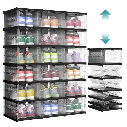 SONGMICS Foldable Shoe Boxes, Pack of 18 Stackable Shoe Storage Organizer, Set of 3 Integraed Shoe Cabinets, Portable, Fit up to US size 13, 60s Assembly, Transparent and Ink Black ULSP207B01 - color: Transparent + Ink Black, size: 6 Tiers (18 Pairs)