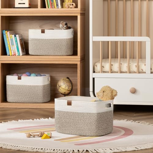 UBBCARE 4 Pack Baskets for Organizing, Woven Storage Baskets with Label for Toys and Towel, Rectangle Cotton Rope Basket with Handles, 14''L x9''W x8''H, White&Brown - color: White&Dark Brown, size: 4 Pack - 14 X 8 X 9 Inches