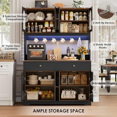 HIFIT 71" LED Kitchen Pantry Cabinet with Power Outlet, Large Kitchen Hutch Cabinet with 2 Storage Drawers & Arched Door, Countertop & Hooks, Tall China Bar for Dining Living Room (Black) - color: Black