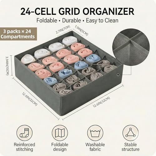 Gray 24 Grid 3 Pack Foldable Underwear Sock Storage Organizer, Non-Woven Fabric Closet Drawer Divider Bins for Socks, Ties, Baby Clothes, Dresser & Wardrobe Organization Boxes (Grey 3 Pack) - color: Gray 3 Pack