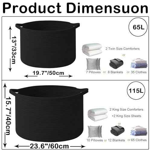 65L Large Blanket Basket,Woven Rope Laundry Basket Hamper with Handles,Decorative Nursery Basket Storage Bin for Toys, Pillows , Clothes Organizer, Living Room, Bedroom, Bathroom, Black - color: Black, size: 19.7"L x 19.7"W x 13"H(65L)