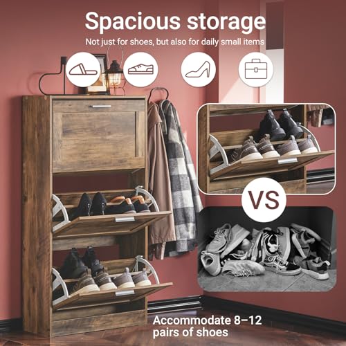 Haotian Shoe Cabinet Storage for Entryway, Narrow Shoe Cabinet with Three Flip Drawers to Save Space, Shoe Rack Cabinet for Front Door Entrance Hallway (Brown) - color: Natural, size: 3-drawers