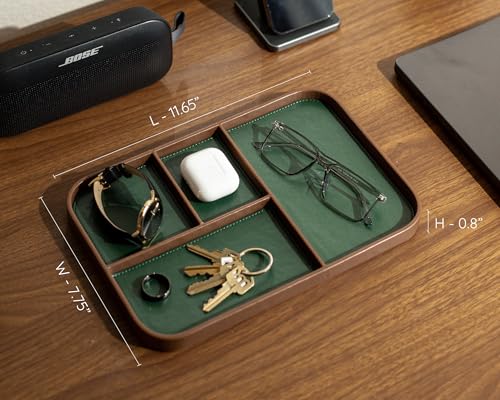 MUUJEE Leather Catchall Multitray (Design 3) - 11.65 x 7.75 x 0.8, Nightstand Entryway Bedside Dump Tray Valet Organizer for Keys Phone Wallet Watch Glasses Pens, Office Desk Accessory for Men, Green - color: Green
