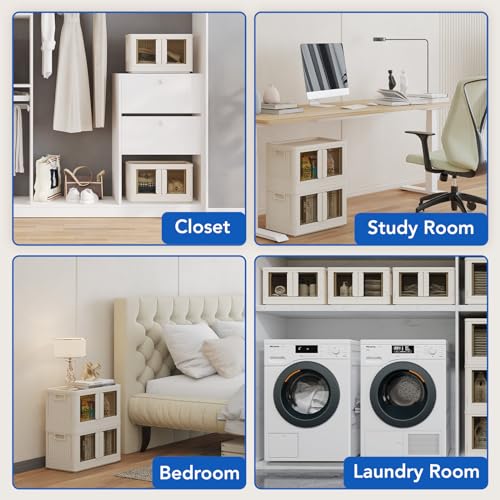 FLEXIMOUNTS 110 QT Stackable Storage Bins With Lids, Collapsible Plastic Storage Bins With Doors and Built-in Wheels For Home Dorm Closet Organizers and Storage, 3 Pack Cubes, Milky White - color: Milky White, size: 37 Qt-3 Pack