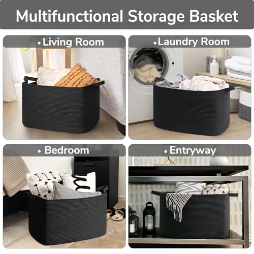 Goodpick Extra Large Storage Basket, 23.6" x 15.7" x 13.8" Rectangle Cotton Rope Basket for Blankets, Pillows, Toys, Woven Dirty Clothes Baskets for Laundry, Black - color: Black, size: X-Large(23.6"L x 15.7"W x 13.8"H)