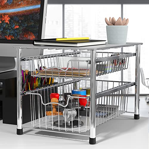 Simple Houseware Stackable 2 Tier Sliding Basket Organizer Drawer, Chrome - color: Chrome, size: 2-tier