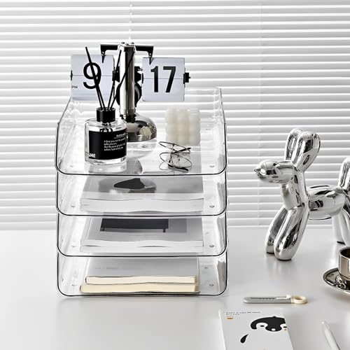 Gagee 4 Pack Paper Organizer for Desk,Clear Stackable Paper Sray Holder, Office Desk Organizer for Notes, Pens, File, Document - size: 4 Vertical