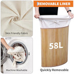 Bamboo Laundry Hamper Large 58L with Removable 2-Section Liner, Foldable Storage Basket with Lid and Handles for Bedroom, Laundry Room, Small Spaces – Natural - Triangle - color: Natural - Triangle