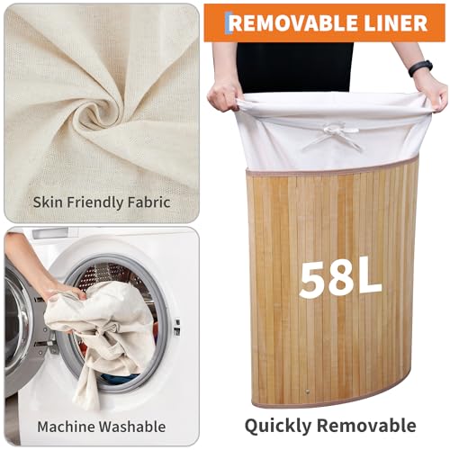 Bamboo Laundry Hamper Large 58L with Removable 2-Section Liner, Foldable Storage Basket with Lid and Handles for Bedroom, Laundry Room, Small Spaces – Natural - Triangle - color: Natural - Triangle