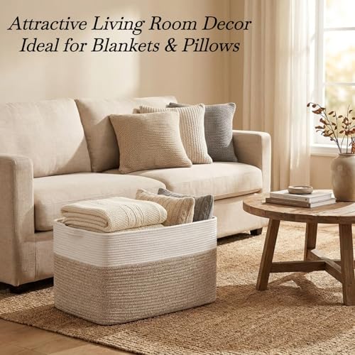 Optish 75L Large Blanket Basket, Woven Storage Baskets with Reinforced Handles, Rope Laundry Basket for Living Room, Bedroom, Nursery, Toys, Clothes,Pillows, 22” x 17” x 11.5”, White & Brown - color: White & Brown, size: 22" x 17" x 11.5"(75L)