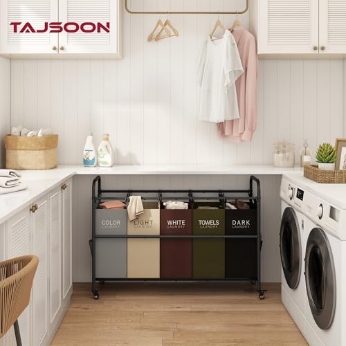 Tajsoon 5 Bag Laundry Sorter Cart, Laundry Hamper Sorter Basket with Heavy Duty Lockable Rolling Wheels for Clothes Storage, 5 Colors - color: Assorted