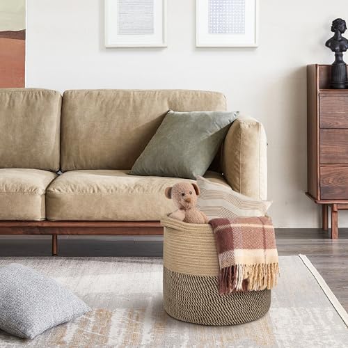 MEGASKET Large Wicker Storage Basket, 16" x 14" Woven Baskets for Storage, Blanket Storage for Living Room, Big Round Wicker Bin for Laundry, Pillows, Towels, Shoes, Dog Kids Toy Box, Home Decor - color: Black and Jute