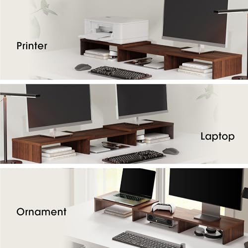 FITUEYES Dual Monitor Stand – 3 Shelf Computer Monitor Riser, Wood Desktop Stand with Adjustable Length and Angle, Desk Accessories, Office Supplies Medium Brown, DT108002WB - color: Brown
