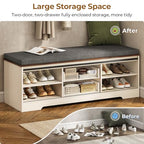 UPOSOJA 60“ Farmhouse Storage Bench with Cushion, Shoe Rack with Slide Barn Doors, Adjustable Shelf and 2 Drawer for Entry, Bedroom, Closet, Living Room, Hallway (White Brown, 60 in)