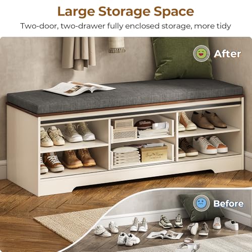 UPOSOJA 60“ Farmhouse Storage Bench with Cushion, Shoe Rack with Slide Barn Doors, Adjustable Shelf and 2 Drawer for Entry, Bedroom, Closet, Living Room, Hallway (White Brown, 60 in)