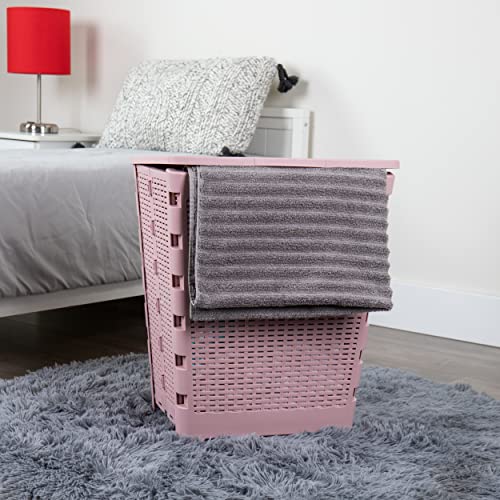 Mind Reader 61L Foldable Laundry Hamper, Clothes Basket, Lid, Wicker Design, Plastic, 18"L x 14.5"W x 21.25"H, Pink - color: Pink