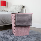 Mind Reader 61L Foldable Laundry Hamper, Clothes Basket, Lid, Wicker Design, Plastic, 18"L x 14.5"W x 21.25"H, Pink - color: Pink