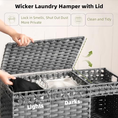 Laundry Hamper with Lid, 160L Rattan Wicker Laundry Basket with Wheels, Handwoven Laundry Hamper 2-Section with Storage shelf(42.3 Gal), Laundry Sorter Basket with Removable Liner, Grey HLH032G - color: Grey, size: 29.5”L x 13”W x26.4”H