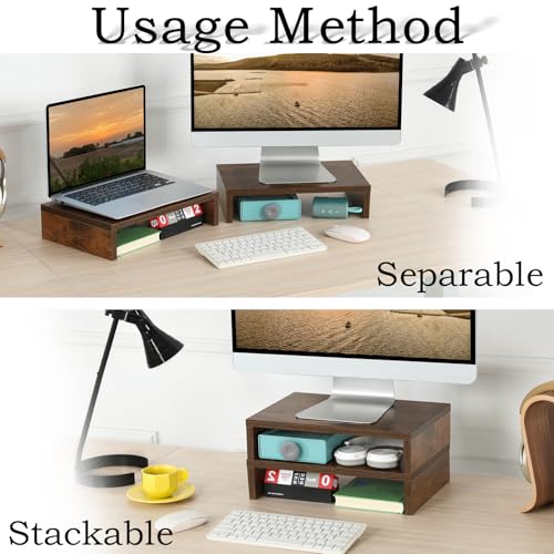 TEAMIX Monitor Riser - 2 Pack, Rustic Brown Wood Adjustable Stand for 2 Monitors/Laptop/PC - color: Brown
