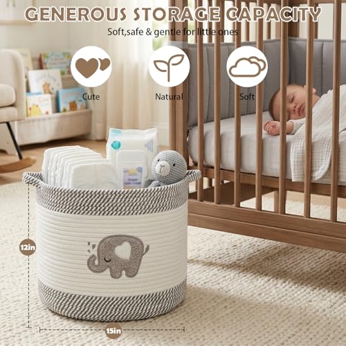 Baby Laundry Basket for Nursery, Baby Storage Baskets, Soft Foldable Cotton Rope Bin with Cute Embroidered Designs for Home Toys Organizer - color: Elephant