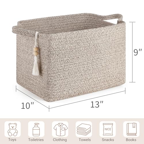Mkono Woven Storage Basket, Cube Cotton Rope Basket for Shelves, Clothes, Toys, Towels, Books, Rectangle Bin with Handles for Organizing, Decorative Gift, 13'' x 10'' x 9'', Brown (1 Pack) - color: Brown