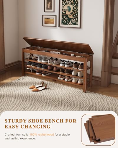 IUNVR Shoe Rack Bench Seat Rubberwood 3-Tier Wooden Storage Bench 550lbs Compact Mid-Century Modern Design for Entryway, Hallway, Closet, Front Door Entrance, Foyer - color: Walnut-3 Tier(wood), size: 47.2"W x 11.8"D x 20.5"H