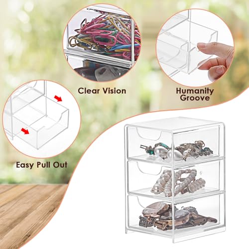BTSKY 2 Pack Small Acrylic Storage Organizer with Drawers, 3-Layer Clear Desktop Organizer for Office Supplies Mini Storage Box with Drawers for Desk, Desktop Makeup Drawer Jewelry Storage Box
