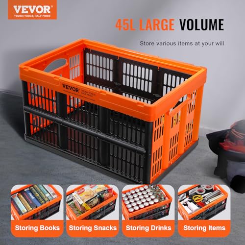 VEVOR Plastic Collapsible Storage Basket, 45L 3 Packs, Folding Stackable Storage Containers/Bins with Handles, Large Heavy Duty Containers for Clothes, Toys, Books, Snack, Shoes and Grocery Organizing - size: 45L-Orange&Black