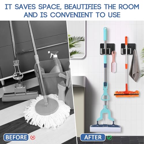 Mop Broom Holder Wall Mount, Stainless Steel, Rust Resistant, Heavy Duty, No Drill,Self-adhesive Broom Holder Wall Mount with Hooks 4Pcs for Bathroom, Kitchen, Garage, Black