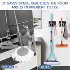 Mop Broom Holder Wall Mount, Stainless Steel, Rust Resistant, Heavy Duty, No Drill,Self-adhesive Broom Holder Wall Mount with Hooks 4Pcs for Bathroom, Kitchen, Garage, Black