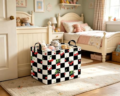 Rectangular Cherry baskets,Racing flag basket,Kids Storage Bins,Waterproof Collapsible Storage Bin,Toy Storage Bin,Cute Organizer Box,Book baskets,Girl room Decor(Cherry) - color: Cherry