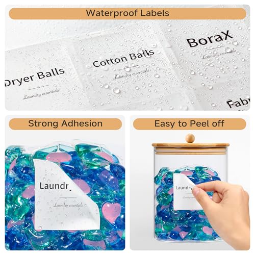 Glass Laundry Pods Container & Acrylic Dryer Sheet Holder with Bamboo Knobs Lids, Scoops & Labels | Premium Laundry Room Organization and Storage for Detergent Pods, Powder, Dryer Balls & Beads - color: Bamboo Cap with handle