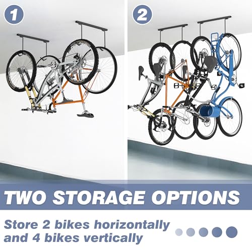 WALMANN Ceiling Mounted Bike Rack for Garage, Space-Saving Ceiling Bike Storage for 2 Bikes(Horizontally)/4 Bikes(Vertically), Adjustable Bike Hooks for Road Mountain Bikes - style: Ceiling rack for 2 bikes