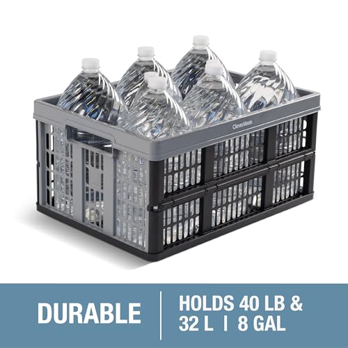 CleverMade Collapsible Utility Crate, Stone, 1PK - 32L (8 Gal) Collapsible Storage Bins, Holds 40lbs Per Bin - Plastic Stackable Grated Wall Utility Containers, CleverCrates Baskets