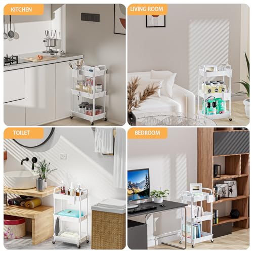 3 Tier Rolling Utility Cart with Handle,REBECAT Utility Cart Made of Multifunctional Storage Organizer Tool for Kitchen,Bathroom,Living Room,Office(White) - color: White