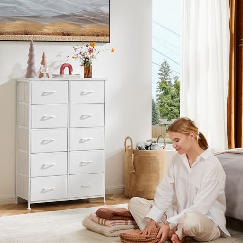 Sweetcrispy 10 Drawer Fabric Dresser Tall Chest Storage Organizer Tower with Cabinet Metal Frame and Wood Top Lightweight Closet Furniture for Bedroom,Cream White - color: White, size: 31.5"D x 11.8"W x 45.7"H (10 Drawers)