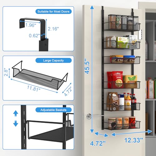 VyGrow 12.3" W Narrow Over the Door Pantry Organizer, 6-Tier Over the Door Organizer with Adjustable Basket, Pantry Door Organization for Pantry Kitchen Storage Room Spice Rack, Black - color: Black, size: 12.3"W 6-Tier