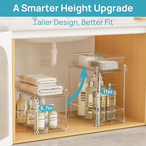 Vtopmart 4 Pack Higher Bathroom Organizer, 2 Tier White Under Sink Organizers Vanity Countertop Storage Container,Cabinet Drawers Bins, Pull-Out Organization with Track for Pantry, Kitchen - color: Transparent, size: S-Higher (4 Pack)