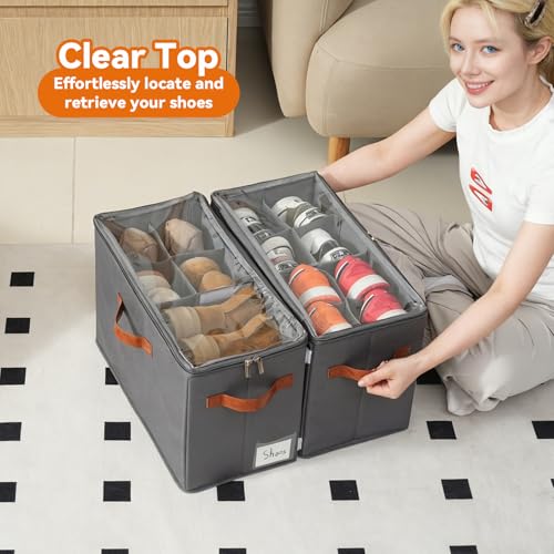 2 Pack Shoe Organizer for Closet, Foldable Shoe Storage Organizer with Adjustable Dividers and Clear Cover, Stackable Fabric Closet Shoe Organizer Storage Box Fits 16 Pairs, Gray - color: Gray-2 Pack, size: 17"L x 8.7"W x 12 ½"H
