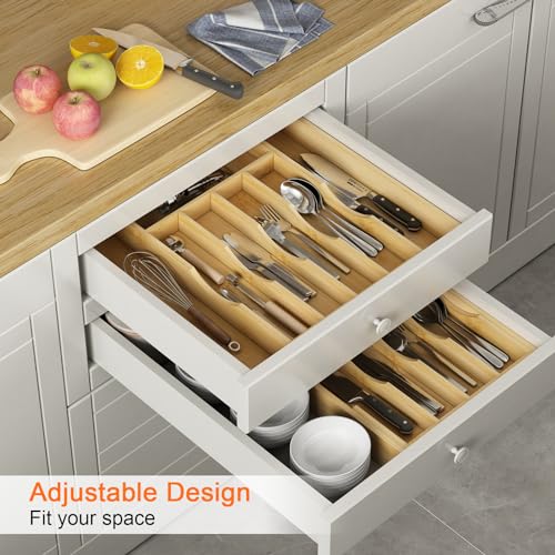 Youpehom Bamboo Utensil Organizer for Kitchen Drawers, Expandable Utensil Tray and Cutlery Silverware Holder,Wood Drawer Dividers with 7 Adjustable Slots - size: 7 Slots Expandable