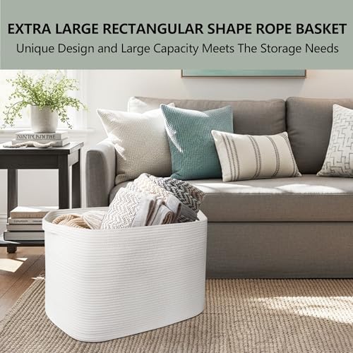 MEGASKET 108L Extra Large Storage Basket, 25" x 16" x 16" White Blanket Basket Living Room, Oversized Cotton Rope Blanket Storage, Woven Kids Dog Toy Bin Box Organizer, Laundry Shoes Towel Bin, White - color: White, size: 25"x16"x16"