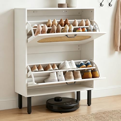 SUNCROWN 2 Flip Drawers Shoe Storage Cabinet, Freestanding Narrow Entryway Organizer, Natural Semi-Circular Rattan Doors, Adjustable Shelves & Anti-Tip Kit, White - color: White, size: Style A