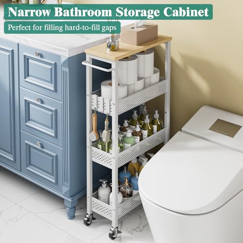 Giwil Slim Rolling Storage Cart 4 Tier Bathroom Organizer Mobile Shelving Unit Utility Cart with Wood Top and Handle for Kitchen Laundry Narrow Places, White - color: White, size: 4 Tier (W-7.1IN)