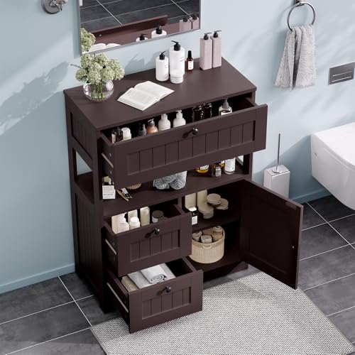 GRUSIGN Bathroom Cabinet, Modern Bathroom Floor Storage Cabinet Organizer with 1 Door and 3 Drawers, Freestanding Cupboard for Kitchen/Living Room Use - color: Brown2