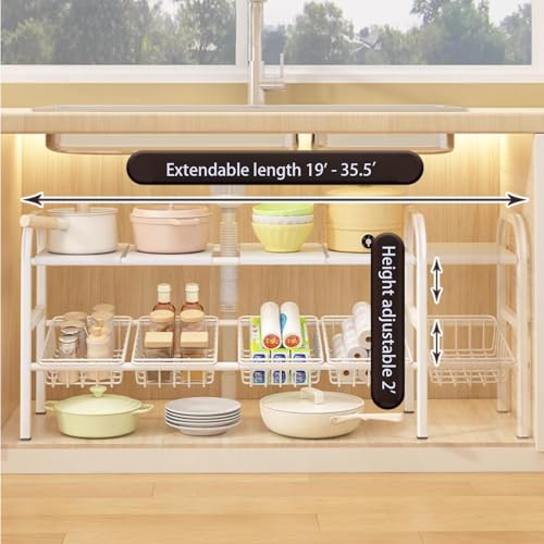 Under Sink Organizer，2 Tier Expandable Heavy Duty Metal Shelf，with 5 Removable Panels and 5 Storage Basket for Under Kitchen Bathroom Sink Organizers and Storage(White, Large) - color: White, size: Large